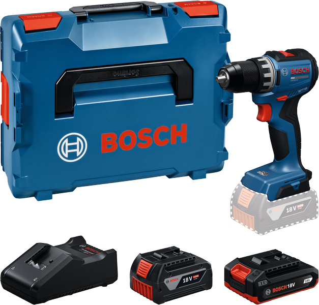 Bosch GSR18V-52 boremaskinesæt med kuffert, oplader og 18V batterier.